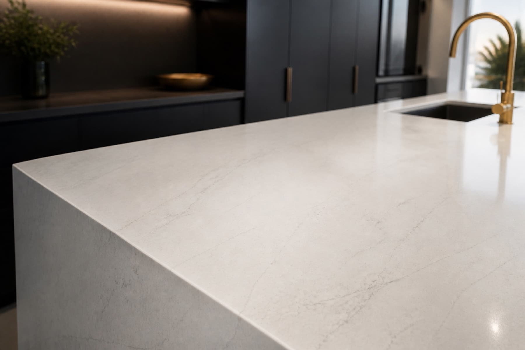 White engineered-quartz countertop with subtle gray veining and a brass faucet
