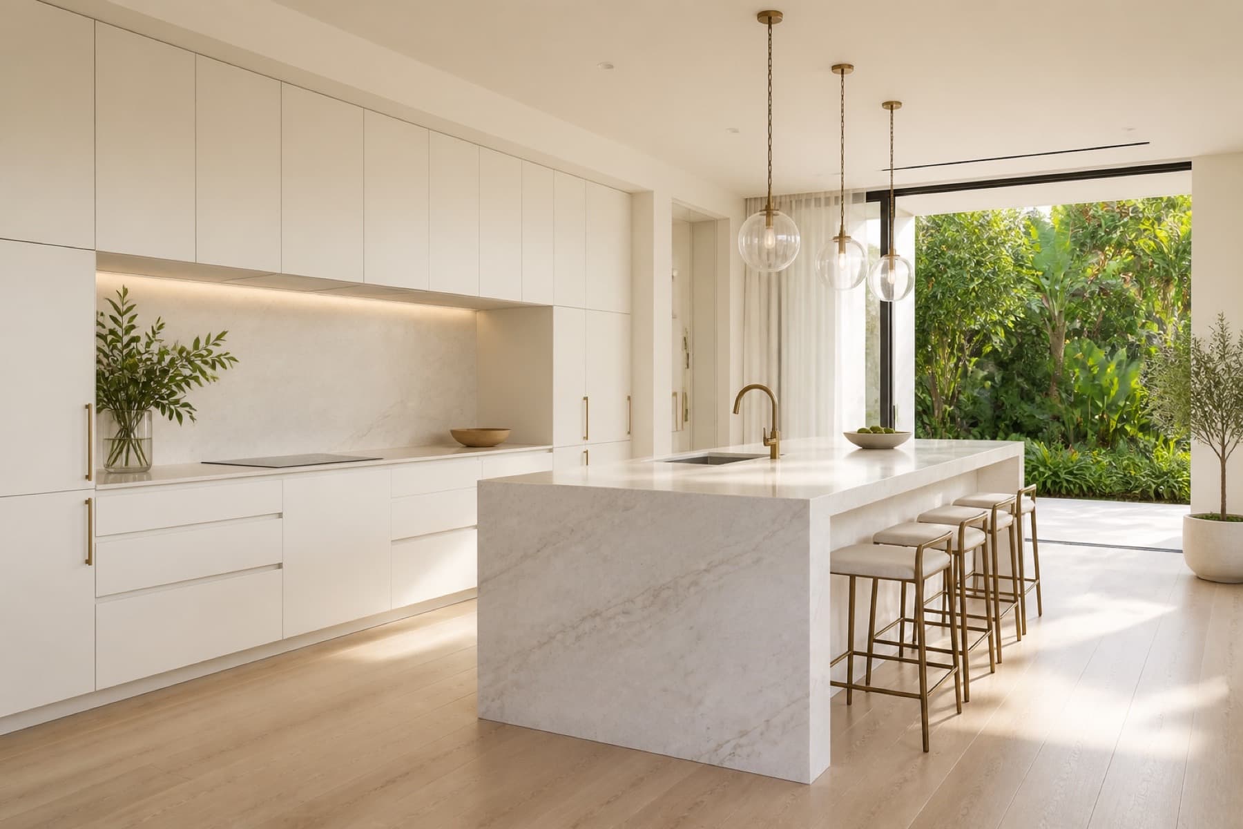 Modern white kitchen with waterfall island in Coral Gables