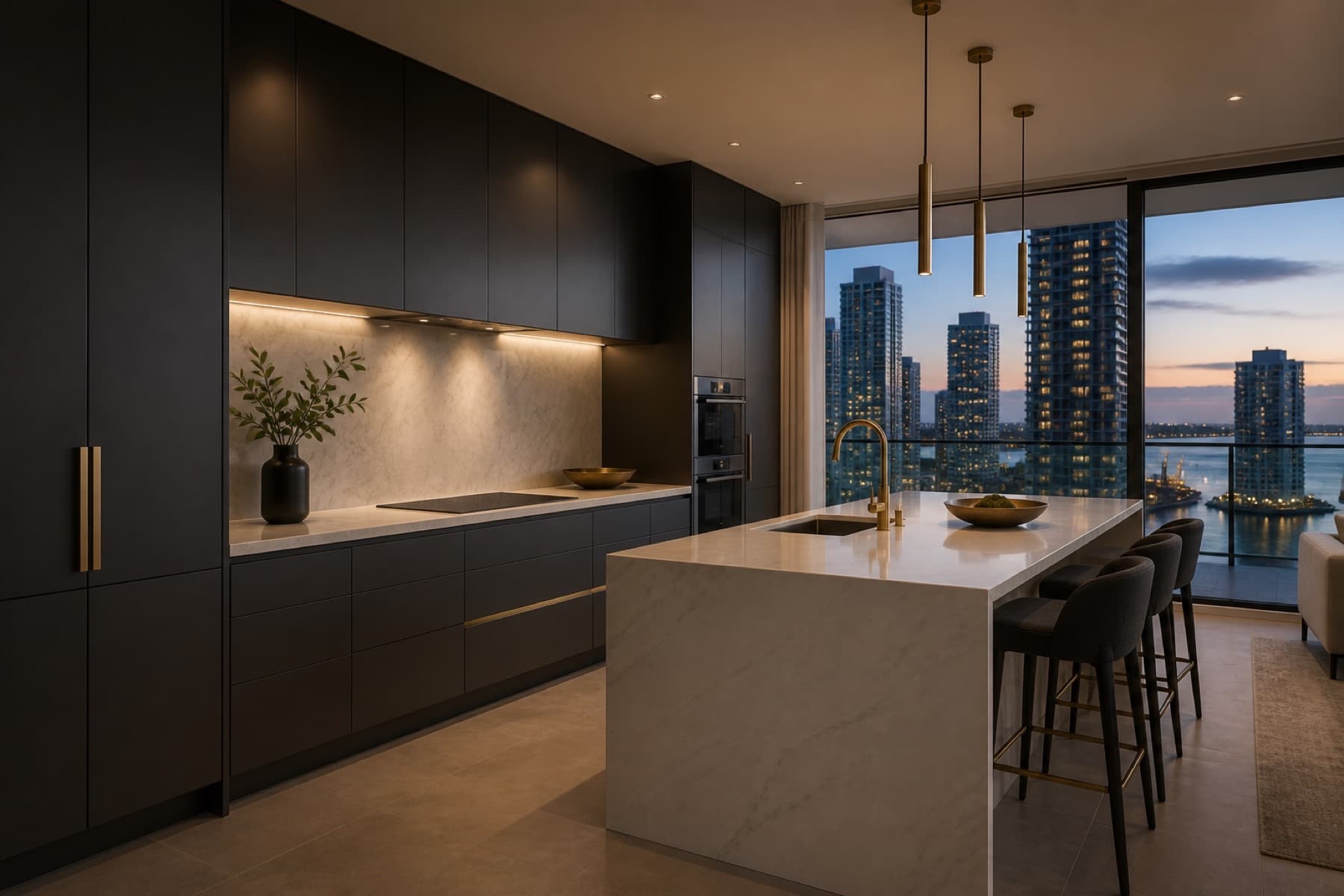 Dark cabinetry with brass hardware in a Brickell condo