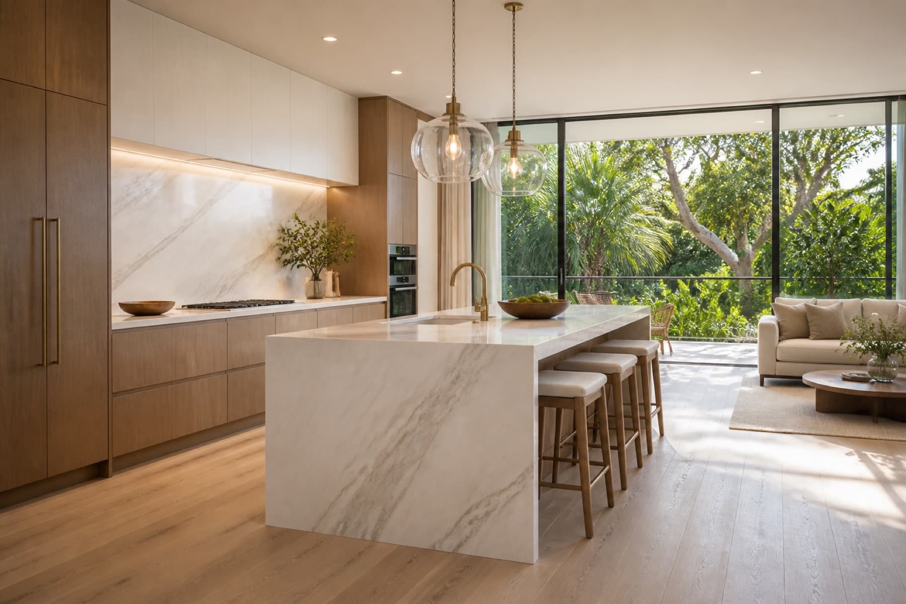 Open-concept kitchen with marble backsplash in Coconut Grove