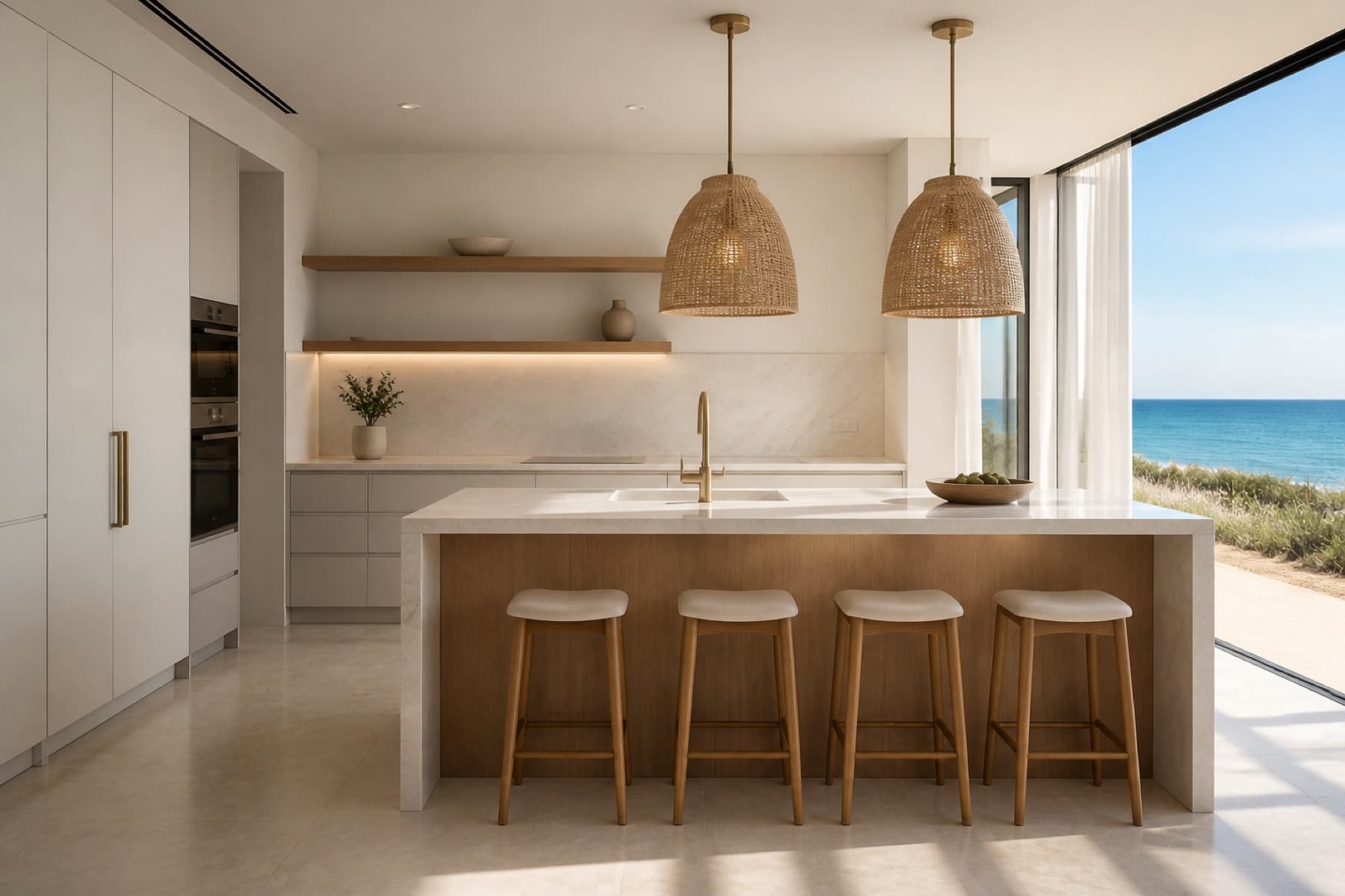 Coastal kitchen with warm wood accents in Key Biscayne