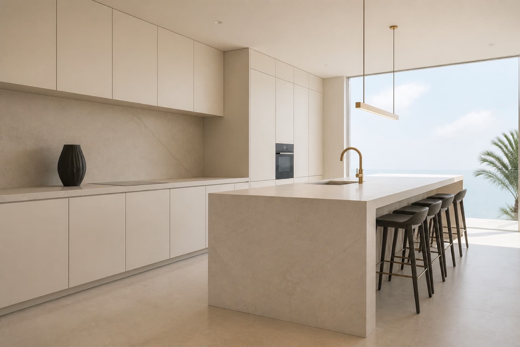 Minimalist kitchen with porcelain counters in Miami Beach
