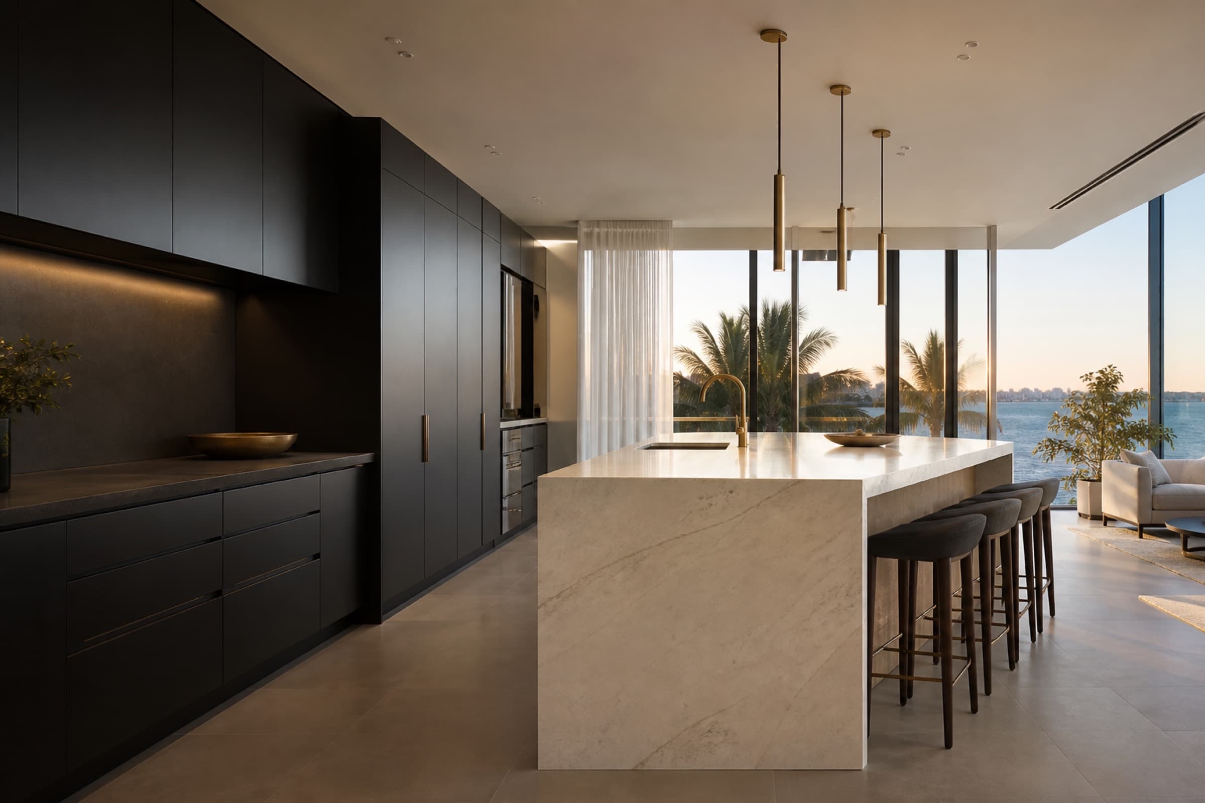Luxury modern kitchen with a large island and brass fixtures